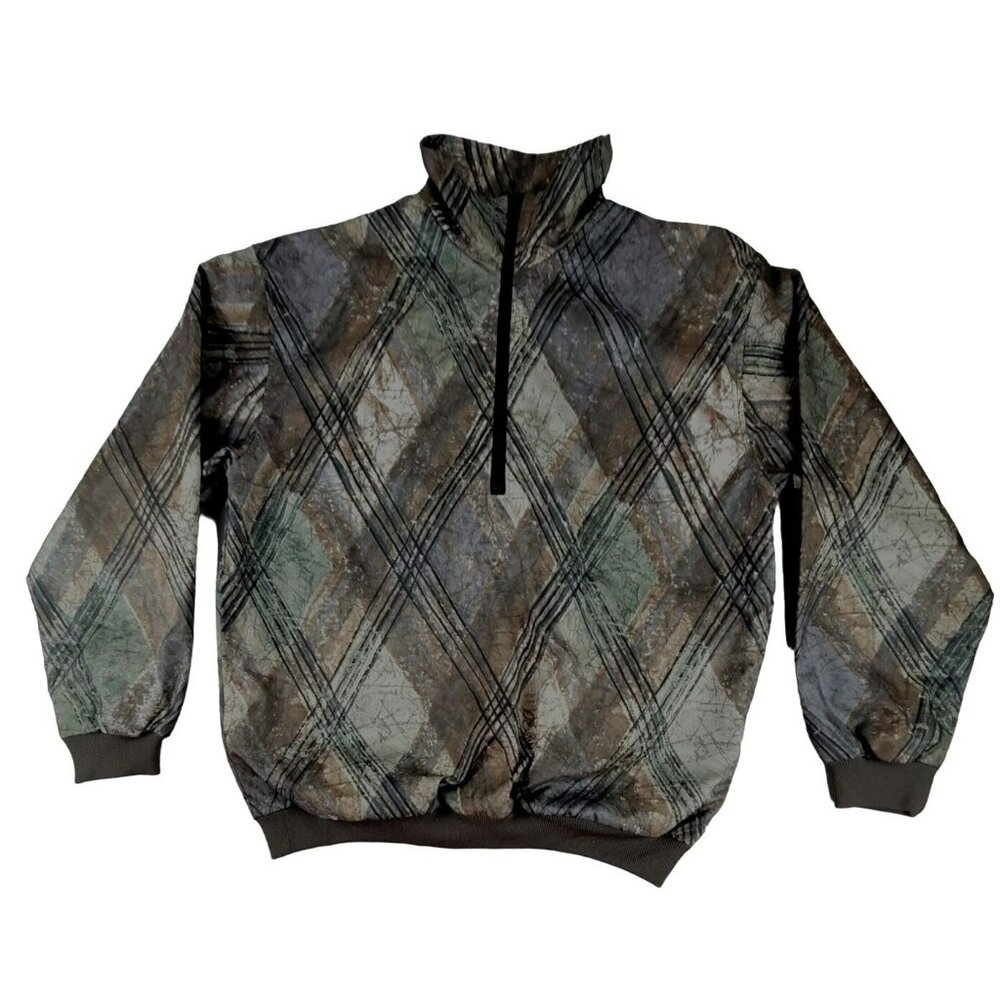 Mens Rain Jacket Coat Quarter Zip Brown Green Camo Plaid Size Small JH1328